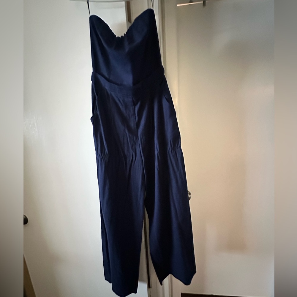 Zara Strapless Linen Blend Jumpsuit Wide Leg